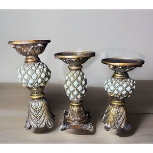 Graduated 3 Candle holders w/ Gold Criss Cross Design Trio Resin Stones Vintage